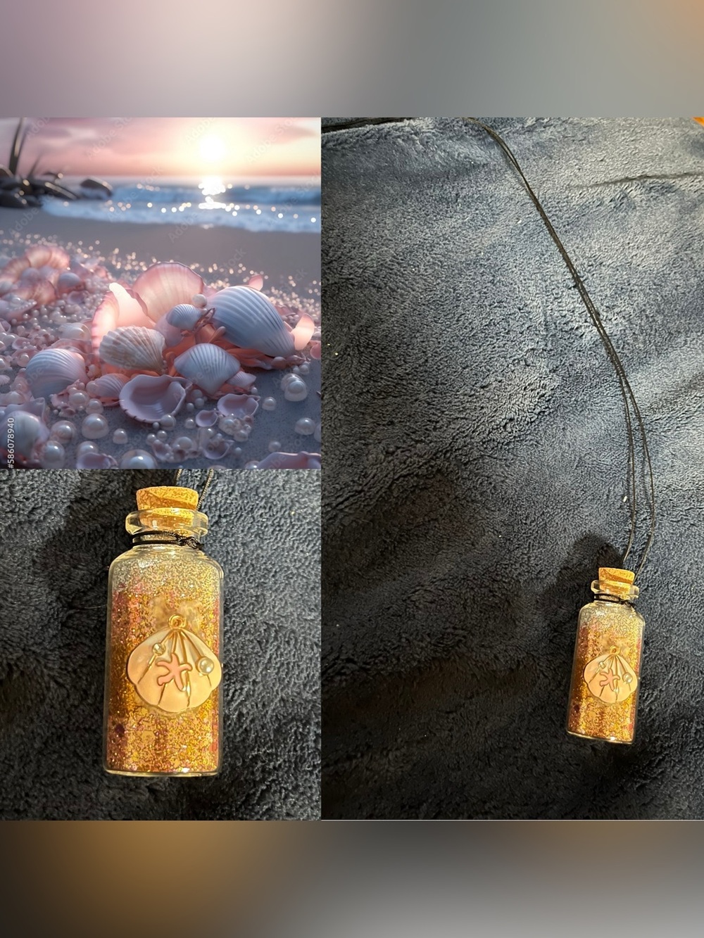 Pink/Silver/Gold Seashell Fairy Potion Glitter Bottle Necklace w/ Pendant